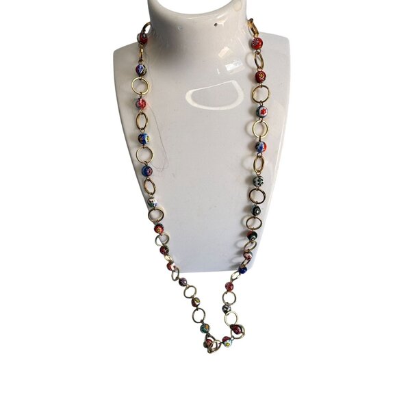 Murano Millefiori Glass Bead Necklace Goldtone Chain Handmade Italian Jewelry - Picture 1 of 5